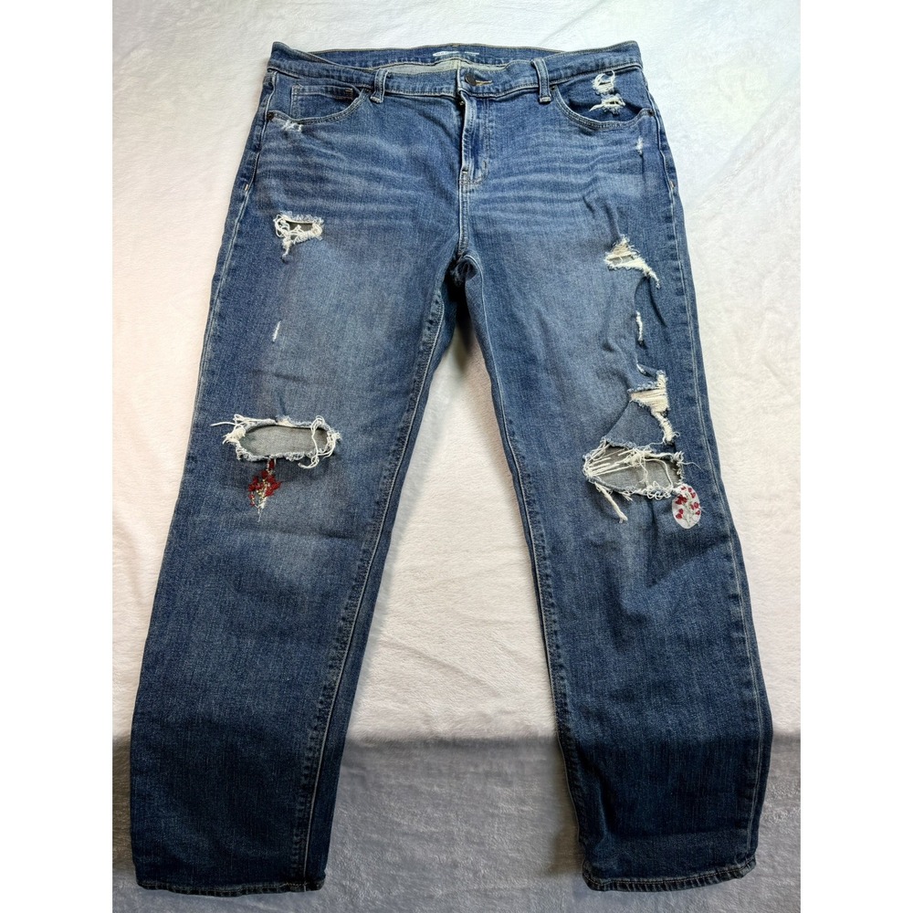 CUSTOM Old Navy Boyfriend Jeans Womens 12 Dark Distressed Embroidered Floral